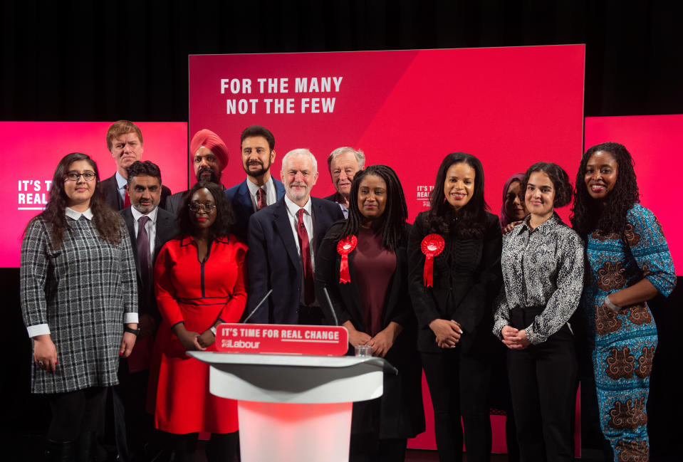 Labour Party leader Jeremy Corbyn poses for a photo with parliamentary candidates at the launch of the Labour Party race and faith manifesto at the Bernie Grant Arts Centre, north London.