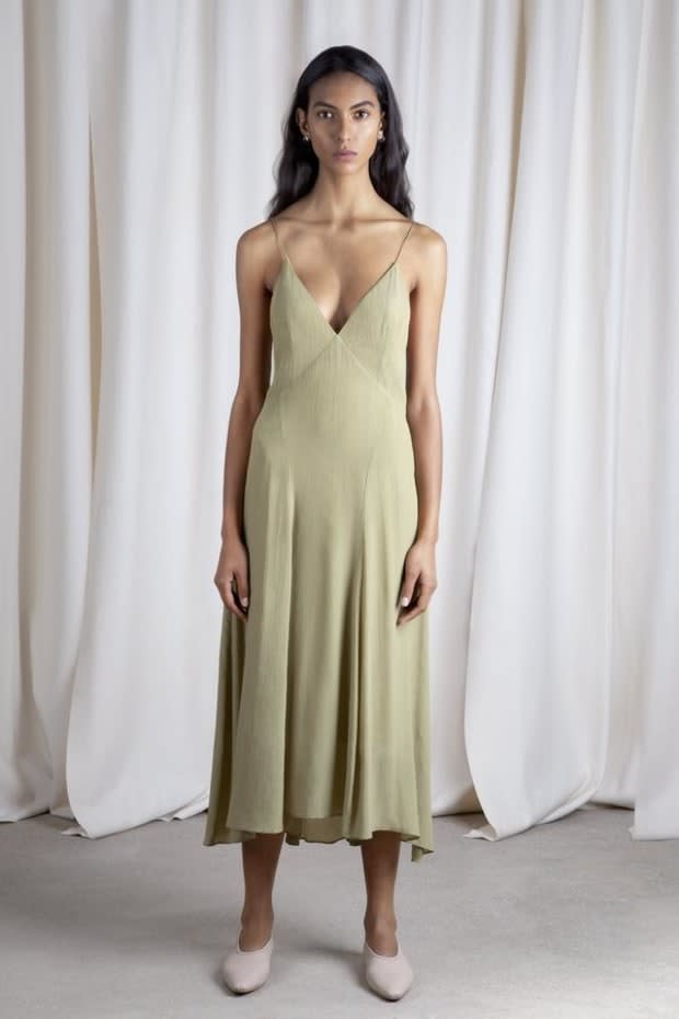 <p>Tove Celise Silk Slip Dress Cedar Khaki, $212, <a href="https://tove-studio.com/collections/dresses/products/celise-slip-dress-cedar-khaki" rel="nofollow noopener" target="_blank" data-ylk="slk:available here;elm:context_link;itc:0;sec:content-canvas" class="link ">available here</a> (sizes FR 36-42).</p>