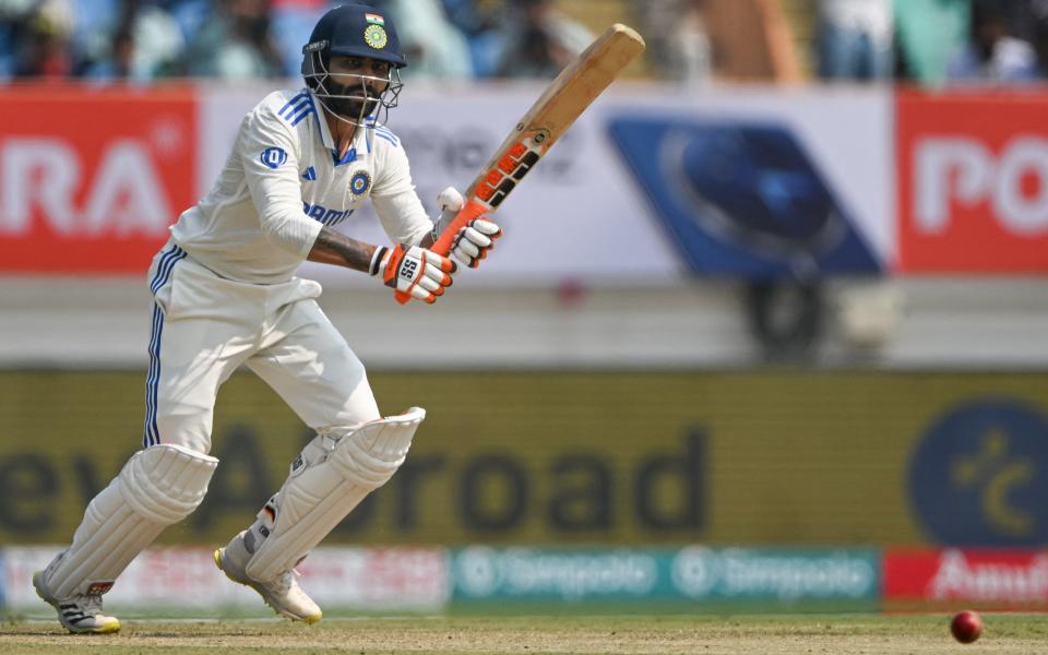 India's Ravindra Jadeja plays a shot during the first day of the third Test cricket match between India and England at Niranjan Shah stadium in Rajkot on February 15, 2024