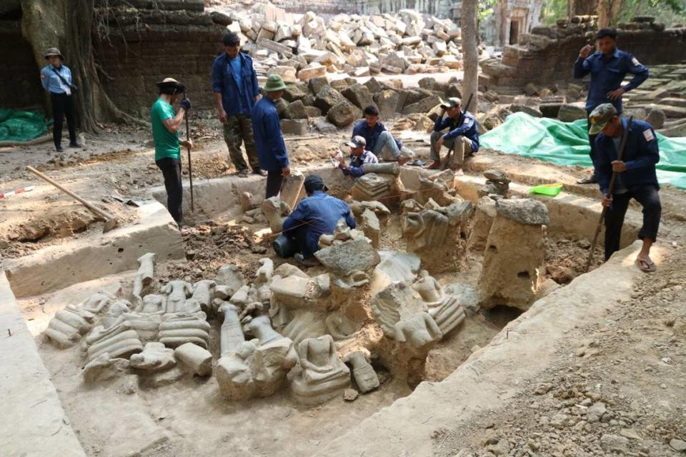 The partially excavated statues found at the 800-year-old Ta Prohm temple. Photo from Phouk Chea / Yi Sotha via APSARA National Authority