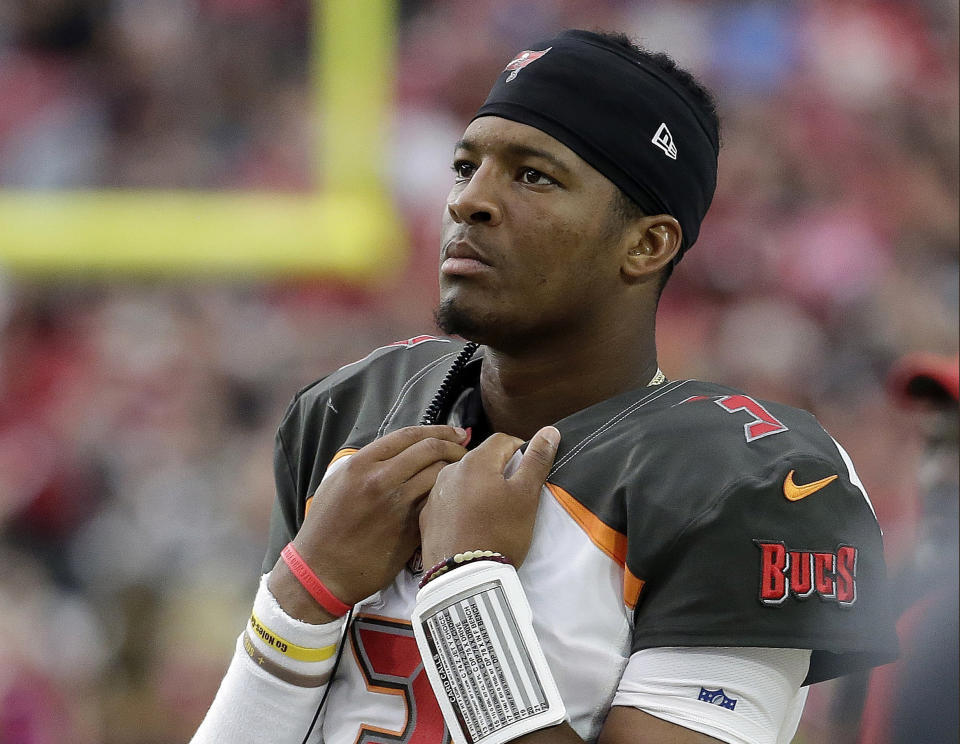 Tampa Bay Buccaneers quarterback Jameis Winston is being investigated for allegedly groping a female Uber driver in 2016. (AP Photo/Rick Scuteri)