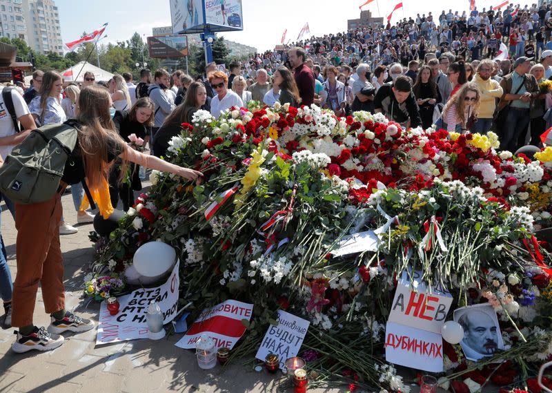 People gather to commemorate a killed protester in Minsk