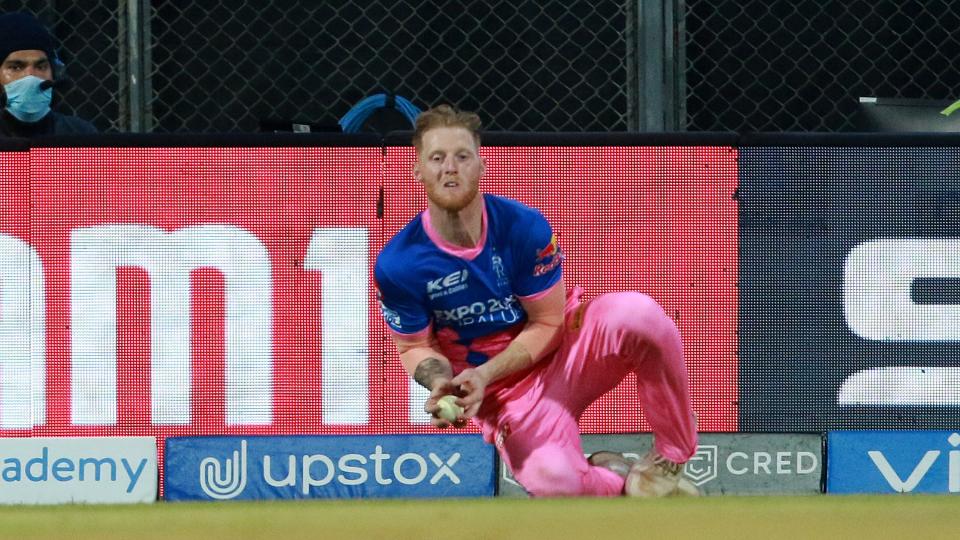 Ben Stokes of Rajasthan Royals takes a catch to dismiss Chris Gayle that resulted in his injury.