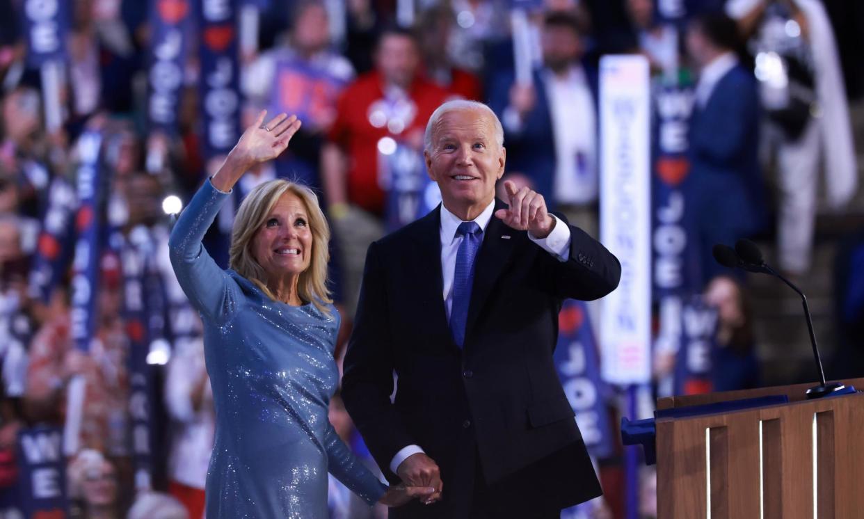 <span>Jill Biden and Joe Biden on the first day of the Democratic national convention in Chicago, Illinois on Monday.</span><span>Photograph: Joe Raedle/Getty Images</span>