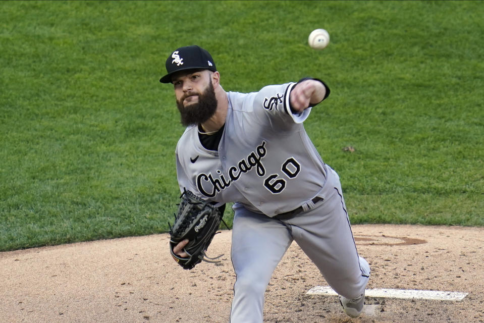 Chicago White Sox pitcher Dallas Keuchel throws against the Minnesota Twins in the first inning of a baseball game, Monday, May 17, 2021, in Minneapolis. (AP Photo/Jim Mone)