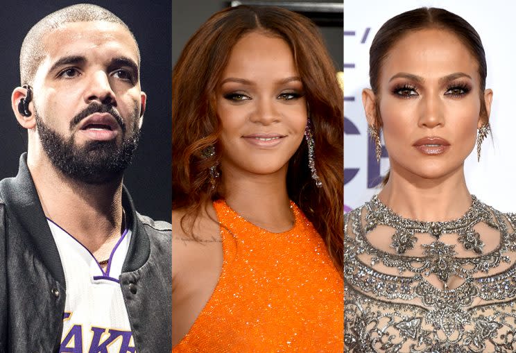 Drake, Rihanna, and Jennifer Lopez. (Photo: Getty Images/AP Images)