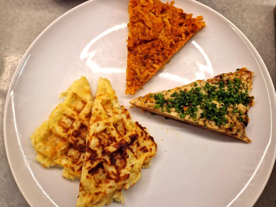 three kinds of hash browns on a plate