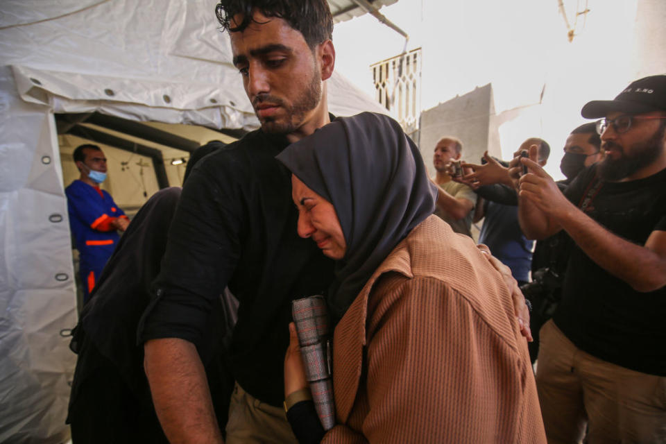Relatives mourn after three people from the Al-Rentisi family, including two-year-old Ibrahim Al-Rentisi were killed following Israel's attack on Rafah city in the southern part of the Gaza Strip, in Gaza City, Gaza.