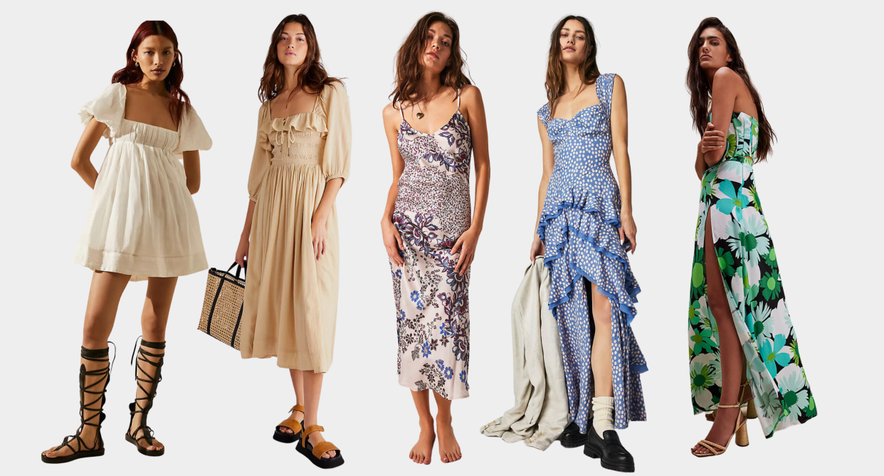 free people models wearing summer dresses, mini, midi and maxi summer dresses, wedding guest dresses