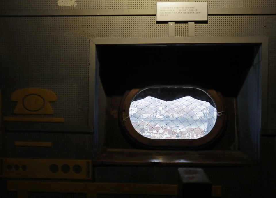 This picture taken on Tuesday, Nov. 12, 2019, shows a view out of a window of a church tower in downtown Prague, Czech Republic. The tower was used for spying on people and western diplomats by the communist secret police. The Czech Republic is marking the 30th anniversary of the 1989 anti-communist Velvet Revolution by looking back at the surreal repression of a nation and resistance against it. (AP Photo/Petr David Josek)