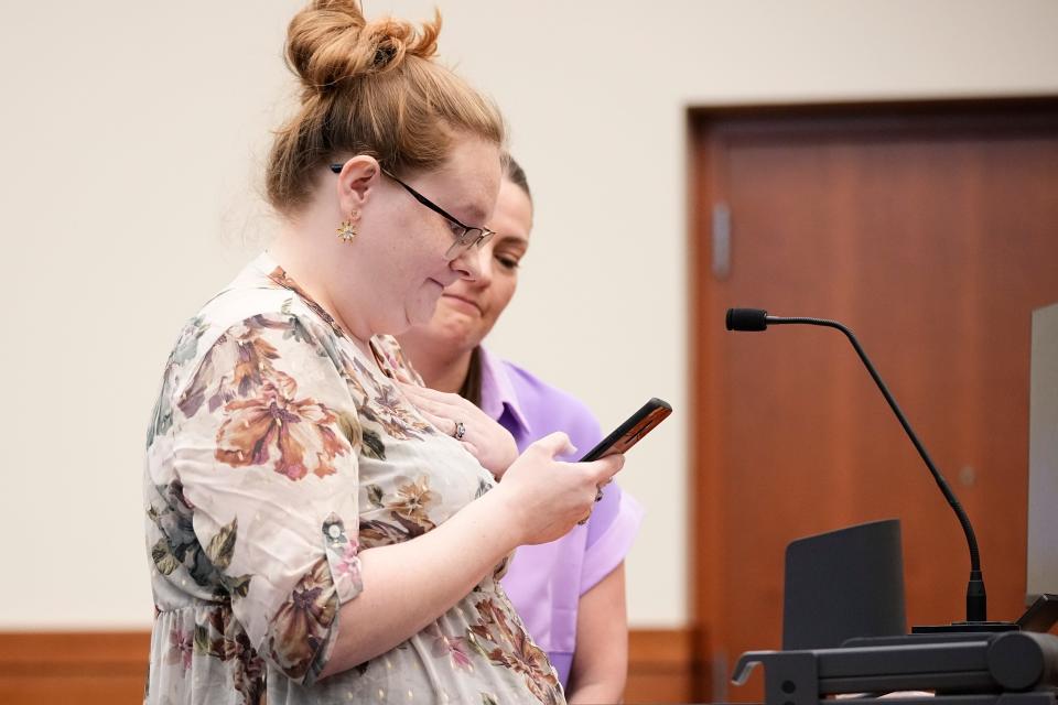 Heather Chapman's sister, Kayla Chapman, reads a statement Thursday to Franklin County Common Pleas Judge Jeffrey Brown during the victim impact portion of the sentencing hearing for Dallas Lowery, who was found guilty last month of murder for the fatal February 2022 shooting of Chapman, his ex-girlfriend and the mother of his young child.