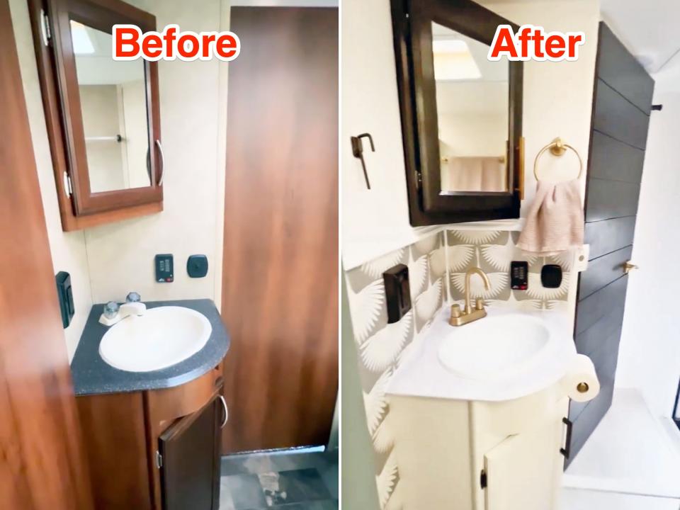 Before and after photos show the RV bathroom