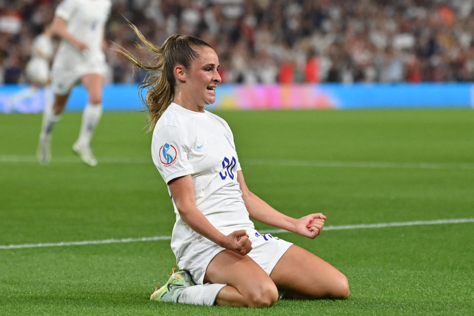 England's midfielder Ella Toone celebrates scoring the equalizing goal during the UEFA Women's Euro 2022 quarter final football match between England and Spain at the Brighton & Hove Community Stadium, in Brighton, southern England on July 20, 2022. - No use as moving pictures or quasi-video streaming. 
Photos must therefore be posted with an interval of at least 20 seconds. (Photo by Glyn KIRK / AFP) / No use as moving pictures or quasi-video streaming. 
Photos must therefore be posted with an interval of at least 20 seconds. (Photo by GLYN KIRK/AFP via Getty Images)