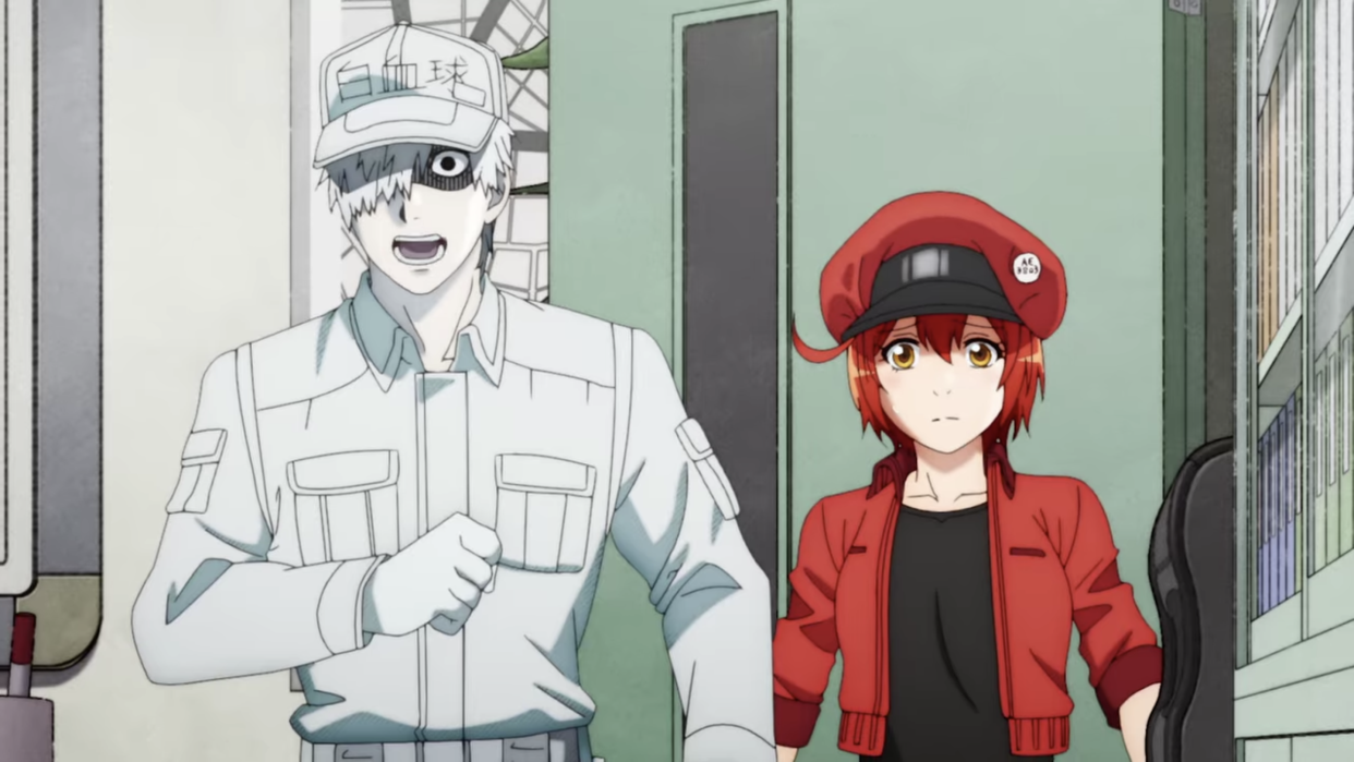 The second instalment of Cells At Work continues to follow the experiences of Red Blood Cell AE3803 (Kana Hanazawa) and White Blood Cell U-1146 (Tomoaki Maeno), as they travel around the body. (Screenshot: Netflix)