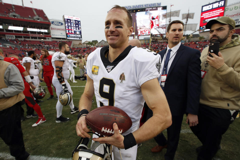 New Orleans Saints quarterback Drew Brees (9) smiles as he leaves the field after an NFL football game against the Tampa Bay Buccaneers Sunday, Nov. 17, 2019, in Tampa, Fla. (AP Photo/Mark LoMoglio)