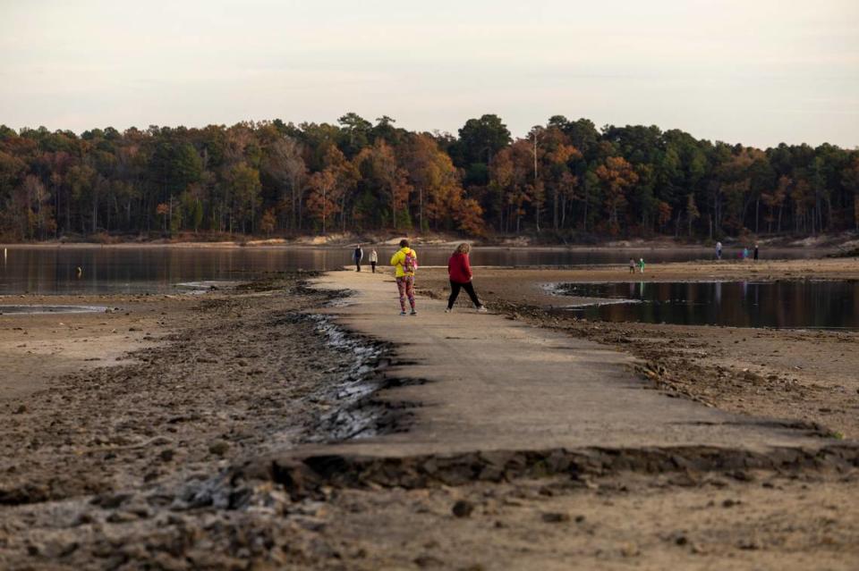 An old roadbed that was part of a community in New Hope Valley before it was flooded upon Jordan Lake’s 1982 completion is visible Tuesday, Nov. 15, 2023 in Chapel Hill.