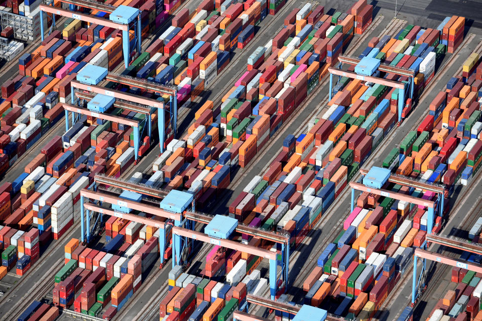 Aerial view of containers at a loading terminal in the port of Hamburg, Germany August 1, 2018. REUTERS/Fabian Bimmer