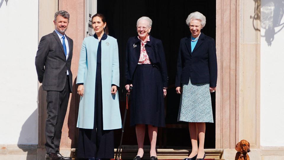 Queen Margrethe II  (2ndR) together with Denmark's Princess Benedikte (R), Queen Mary of Denmark and King Frederik X of Denmark greet onlookers at Fredensborg Castle  ahead of festivities of Queen Margrethe's 84th birthday