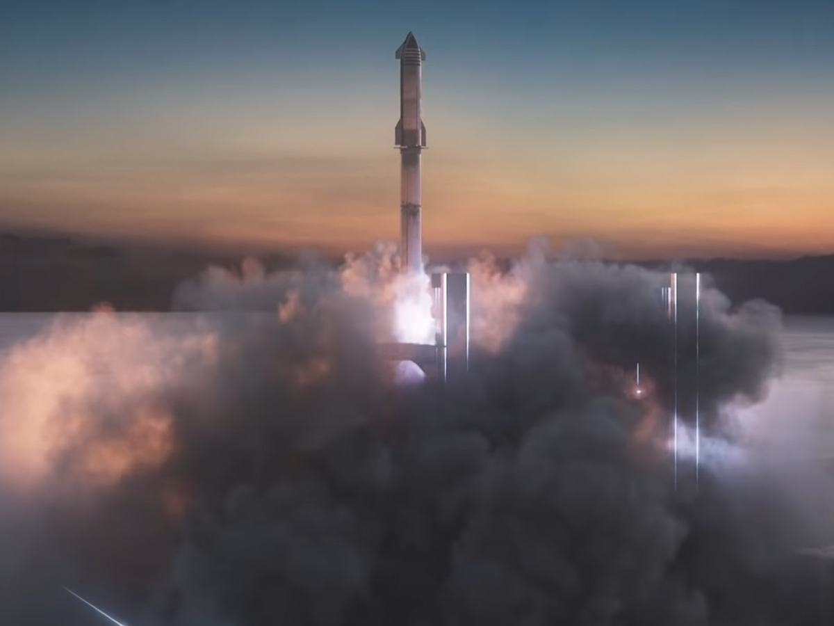 A Starship rocket and Super Heavy booster shown in an animated video from SpaceX (SpaceX)