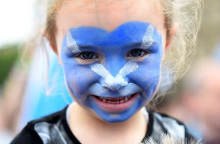 A young girl with a Scottish Saltire painted on her face waits outside a 'Yes' campaign rally in Glasgow, Scotland September 17, 2014. REUTERS/Dylan Martinez