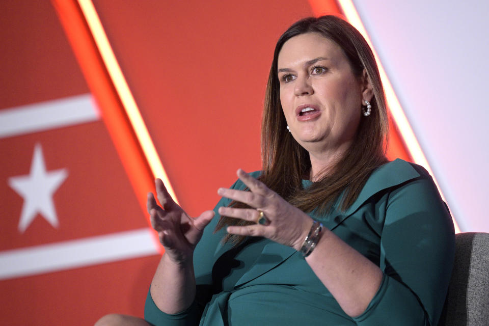 FILE - Then-Arkansas Gov.-elect Sarah Huckabee Sanders answers a question while taking part in a panel discussion during a Republican Governors Association conference on Nov. 16, 2022, in Orlando, Fla. Gov. Huckabee Sanders is cementing her status as one of Joe Biden's most vocal critics as she delivers the Republican response to the president's State of the Union address. Sanders is scheduled to deliver the response Tuesday night, Feb. 7, 2023 less than a month after being sworn in as the first woman of governor. (AP Photo/Phelan M. Ebenhack, File)