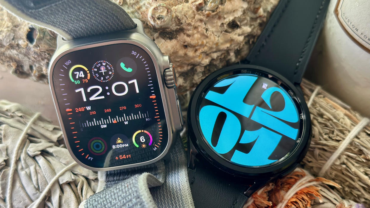  The Apple Watch Ultra 2 (left) and Samsung Galaxy Watch 6 Classic (right) side-by-side. 