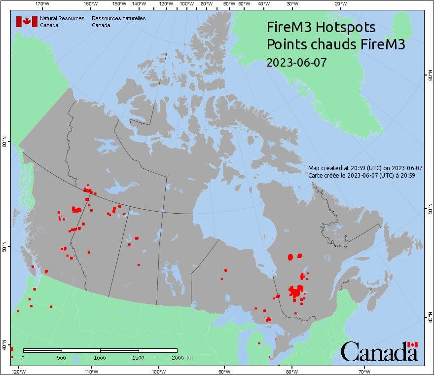 Canadian wildfire hotspots are seen on a National Weather Service map published Thursday, June 8, 2023.