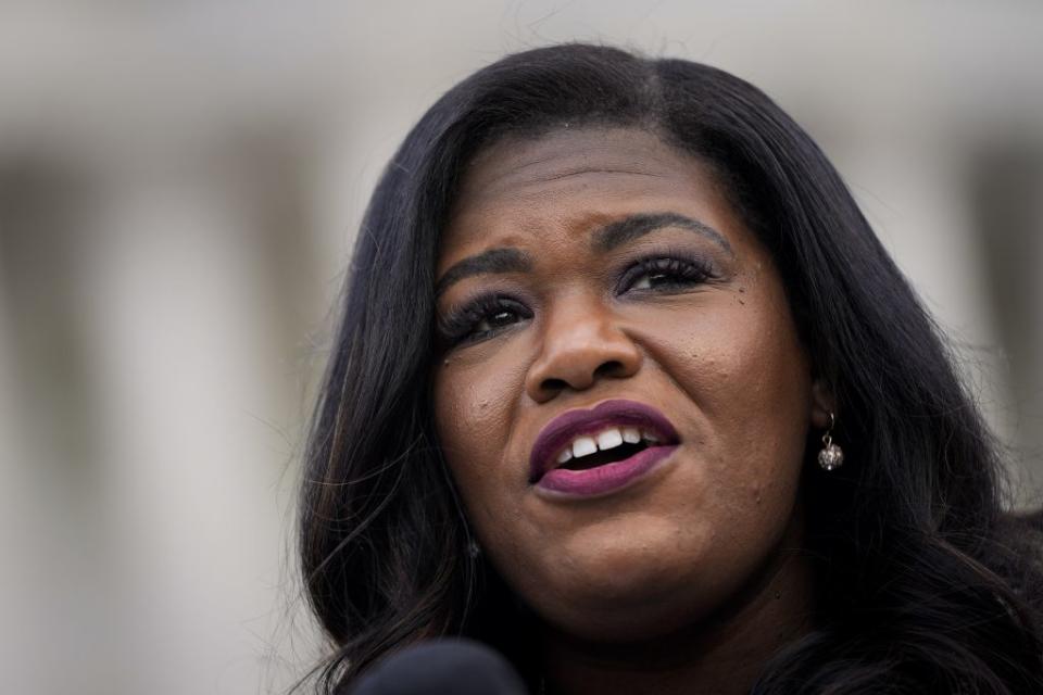 Rep. Cori Bush (D-MO) speaks during a news conference to advocate for ending the Senate filibuster, outside the U.S. Capitol on April 22, 2021 in Washington, DC. With the Senate filibuster rules in place, legislative bills require 60 votes to end debate and advance, rather than a simple majority in the 100 member Senate. (Photo by Drew Angerer/Getty Images)
