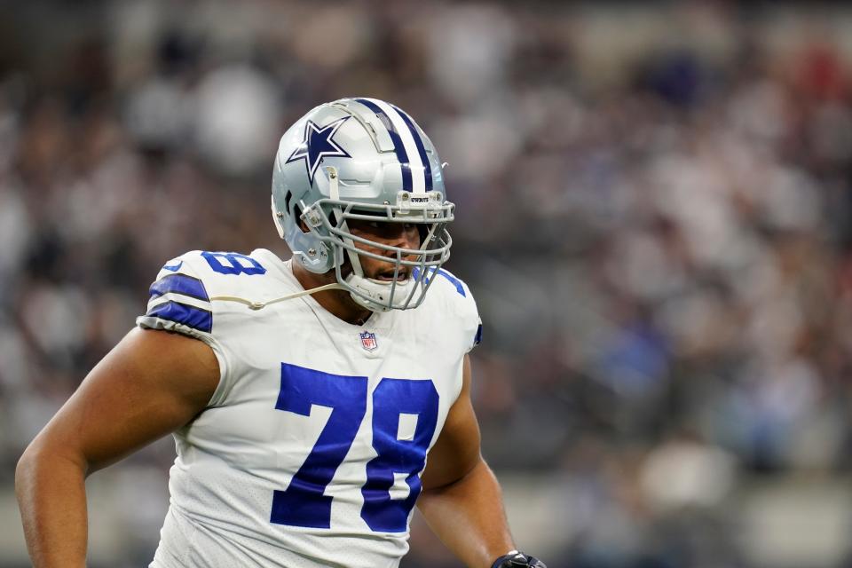 Dallas Cowboys offensive lineman Terence Steele (78) during an NFL football game against the Atlanta Falcons, Sunday, Nov. 14, 2021, in Arlington, Texas.