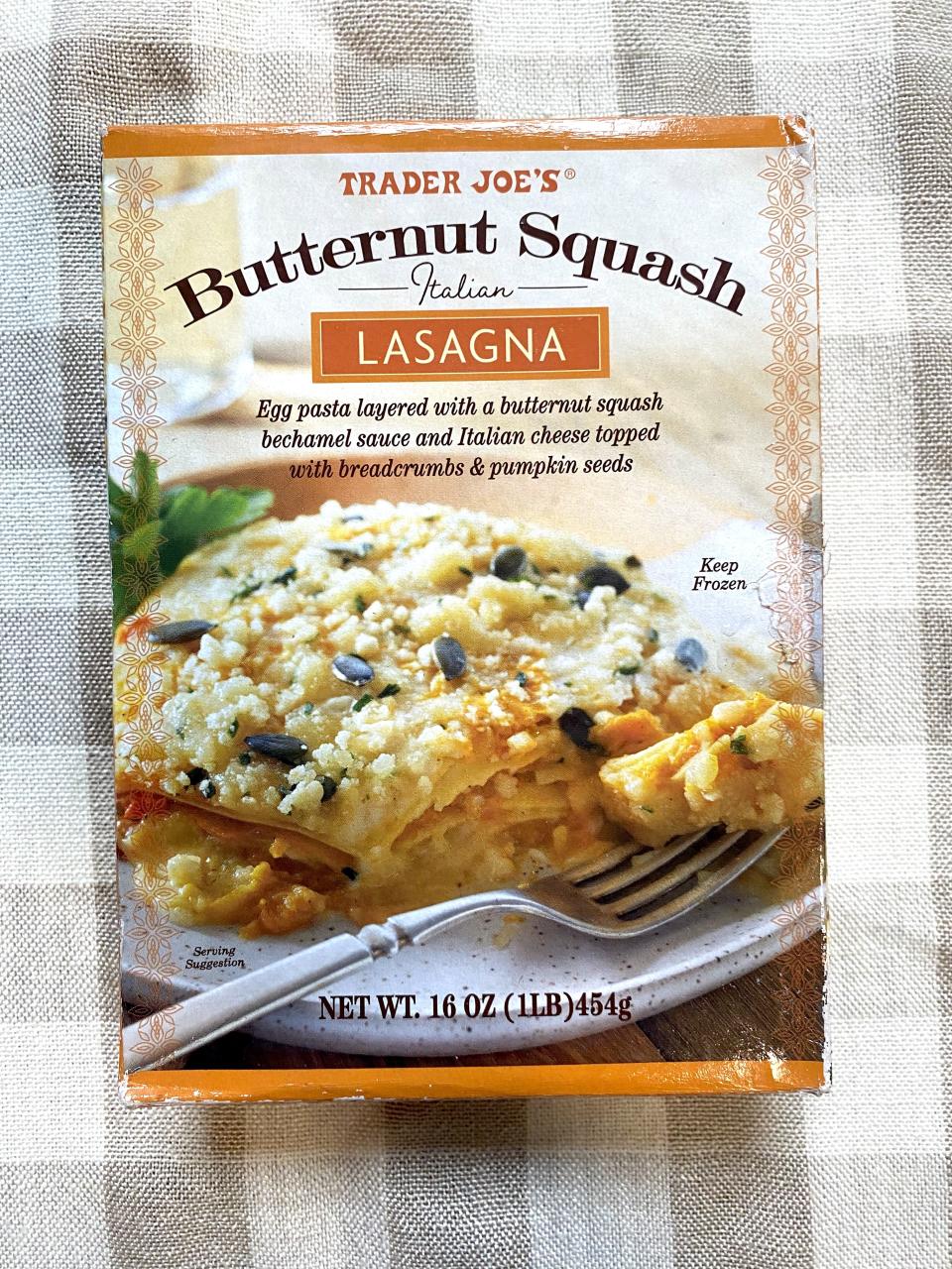 an unopened box of frozen butternut squash lasagna