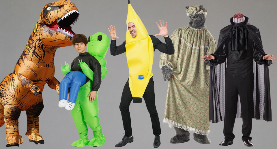 collage of blow-up dinosaur, little boy in alien costume, man in banana costume, wolf in pjs costume, headless man costume, halloween costumes amazon canada