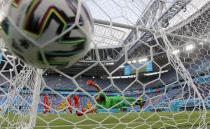 Poland's goalkeeper Wojciech Szczesny fails to make a save during the Euro 2020 soccer championship group B match between Sweden and Poland at Saint Petersburg stadium in St. Petersburg, Russia, Wednesday, June 23, 2021. (AP Photo/Dmitri Lovetsky, Pool)