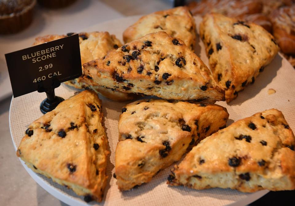 Freshly-baked blueberry scones at Panera Bread are pictured.