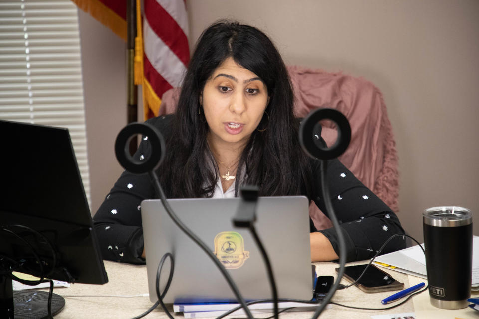 Rep. Anna Eskamani participates in a Facebook Live and Zoom event with Executive Director of the Victim Service Center Lui Damiani to raise awareness for Sexual Assault Awareness Month in her office at the Capitol Wednesday, April 7, 2021.