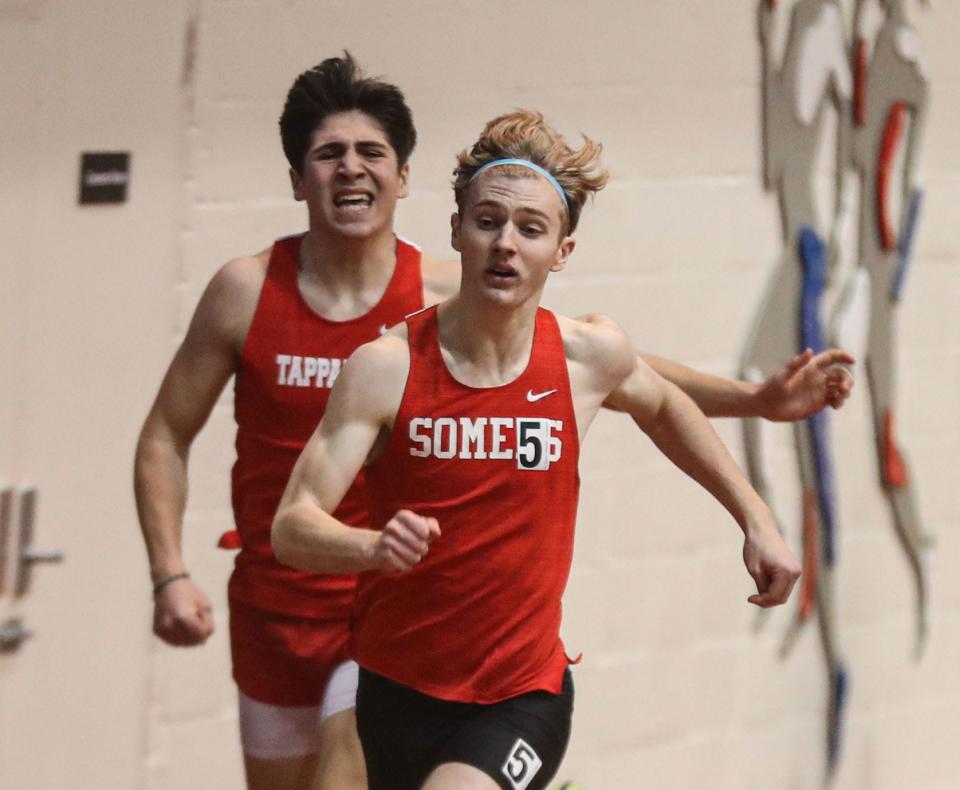 Andrew Fasome of Somers edged Sam Alves of Tappan Zee in the 300 meter dash at the Section 1 Class B track and field championships at The Armory in Manhattan Feb. 4, 2024.