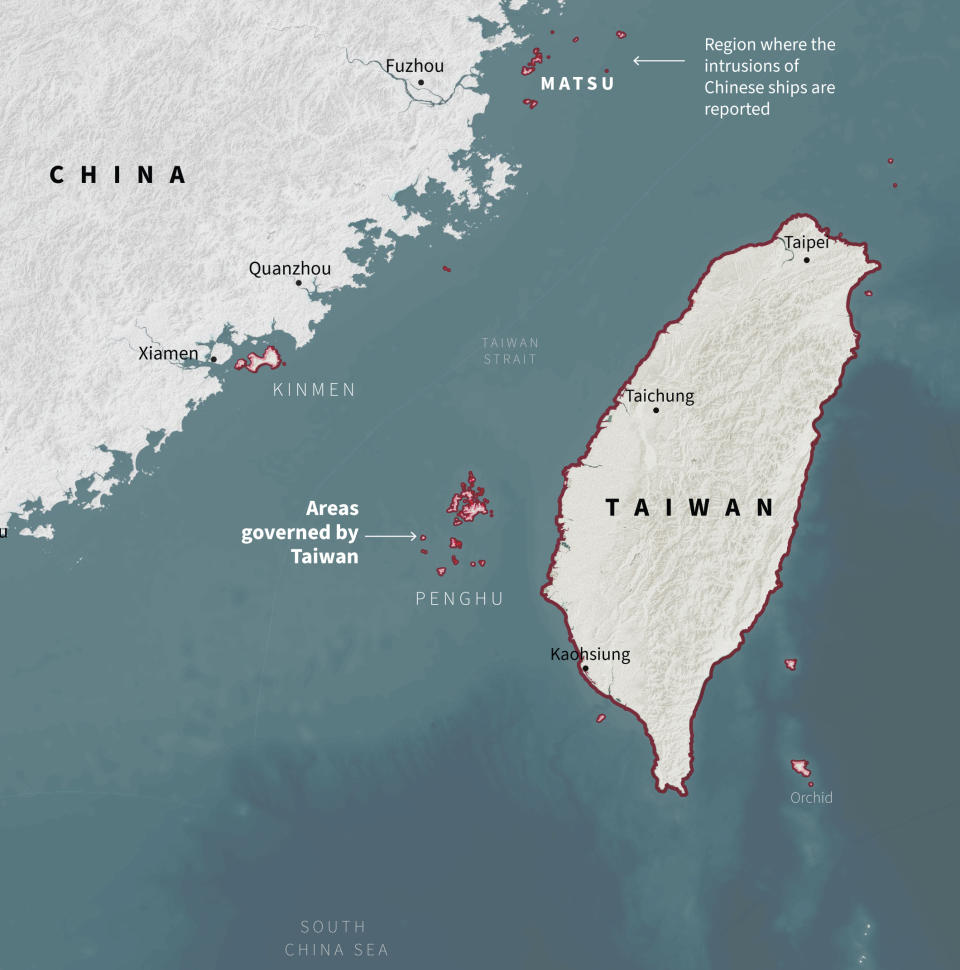 This graphic shows the areas governed by Taiwan and highlights the group of islands where Chinese ships are invading to extract sand. Source: Reuters