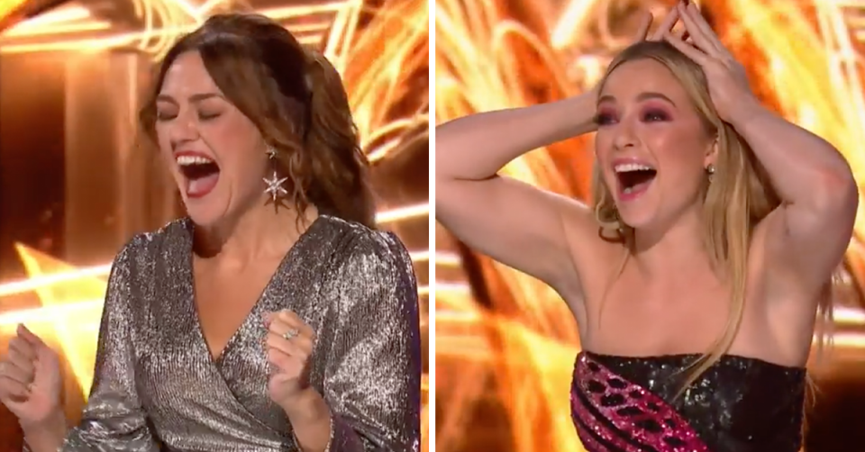 The Masked Singer's Chrissie Swan and Abbie Chatfirleld looking shocked.