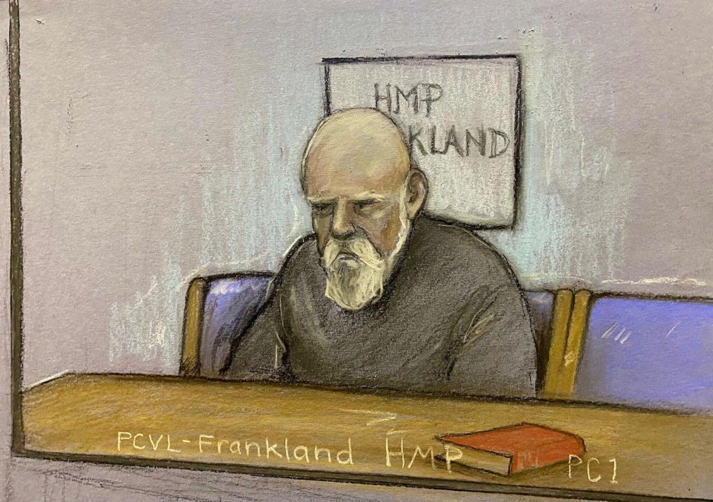 Court artist sketch by Elizabeth Cook of Wayne Couzens appearing via video link from HMP Frankland, at the Old Bailey, central London, as he was sentenced to 19 months in prison for flashing at women in the months before he kidnapped, raped and murdered Sarah Everard. The former Metropolitan Police officer, 50, is already serving a whole life jail sentence for the murder of Ms Everard, 33. Picture date: Monday March 6, 2023.