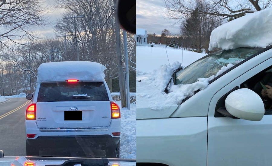 Der Fahrer des weißen Jeeps musste zunächst das Dach vom Schnee befreien und anschließen für sein Versäumnis eine hohe Strafe zahlen. Foto: Facebook / Rye Police Department