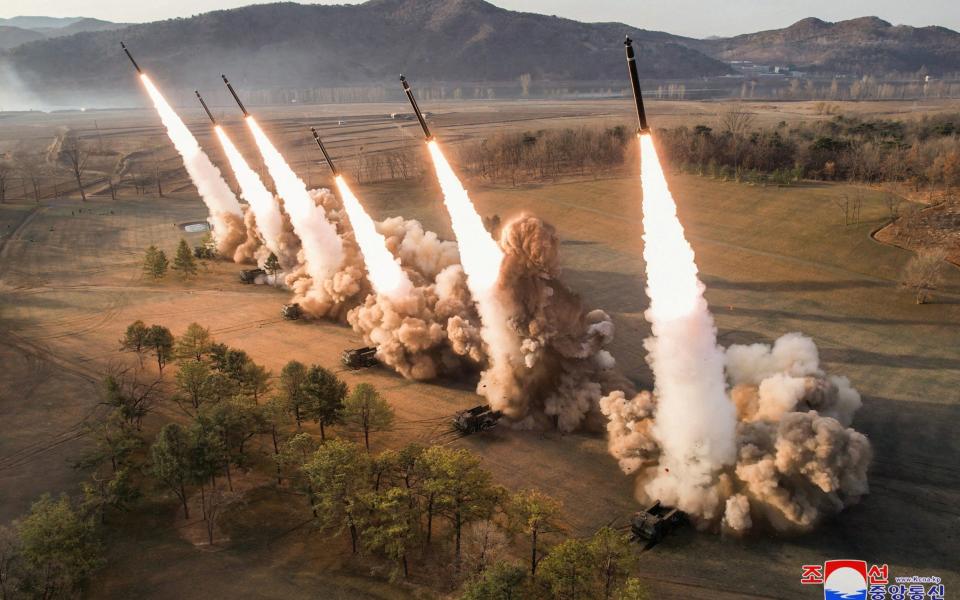 Six rockets are launched at the same time in March this year in North Korea