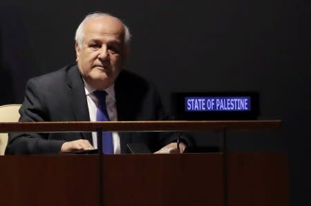 Palestinian Ambassador to the United Nations Riyad Mansour sits while members of the United Nations General Assembly vote on whether to allow the Palestinians to procedurally act like a member state during meetings in 2019 when they will chair the group of 77 developing nations at the United Nations in New York, U.S., October 16, 2018. REUTERS/Shannon Stapleton
