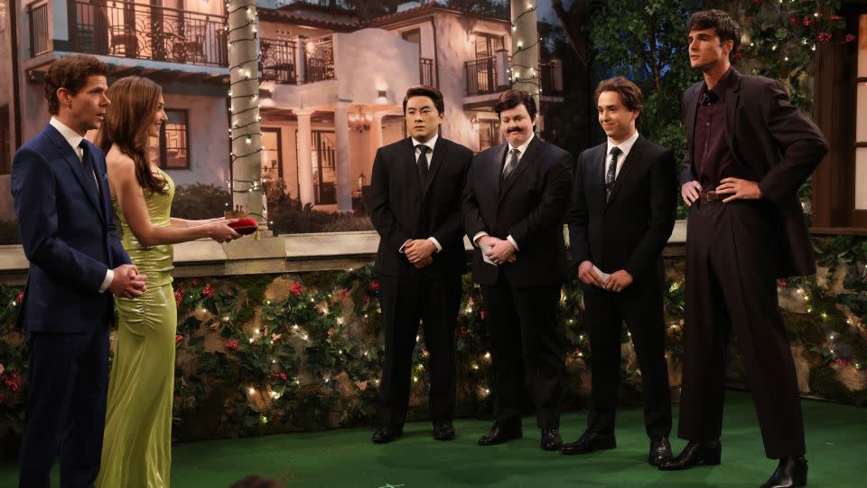 (From left) Mikey Day, Chloe Fineman, Bowen Yang, Molly Kearney, Marcello Hernandez and Jacob Elordi on 'Saturday Night Live' in January. - Will Heath/NBC/Getty Images