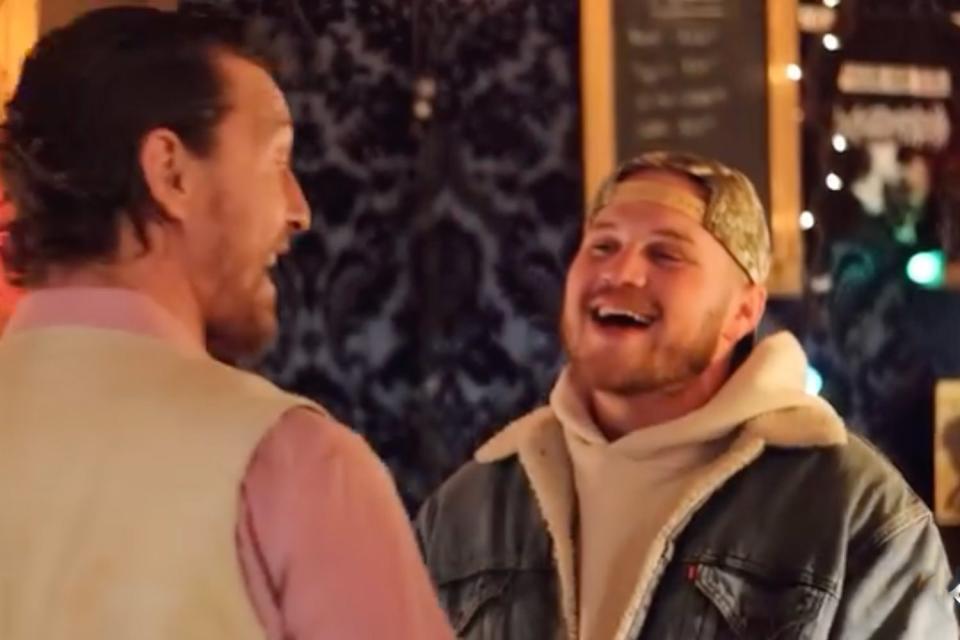 <p>Matthew McConaughey/Instagram</p> Matthew McConaughey (left) and Zach Bryan sing while on the set of the 