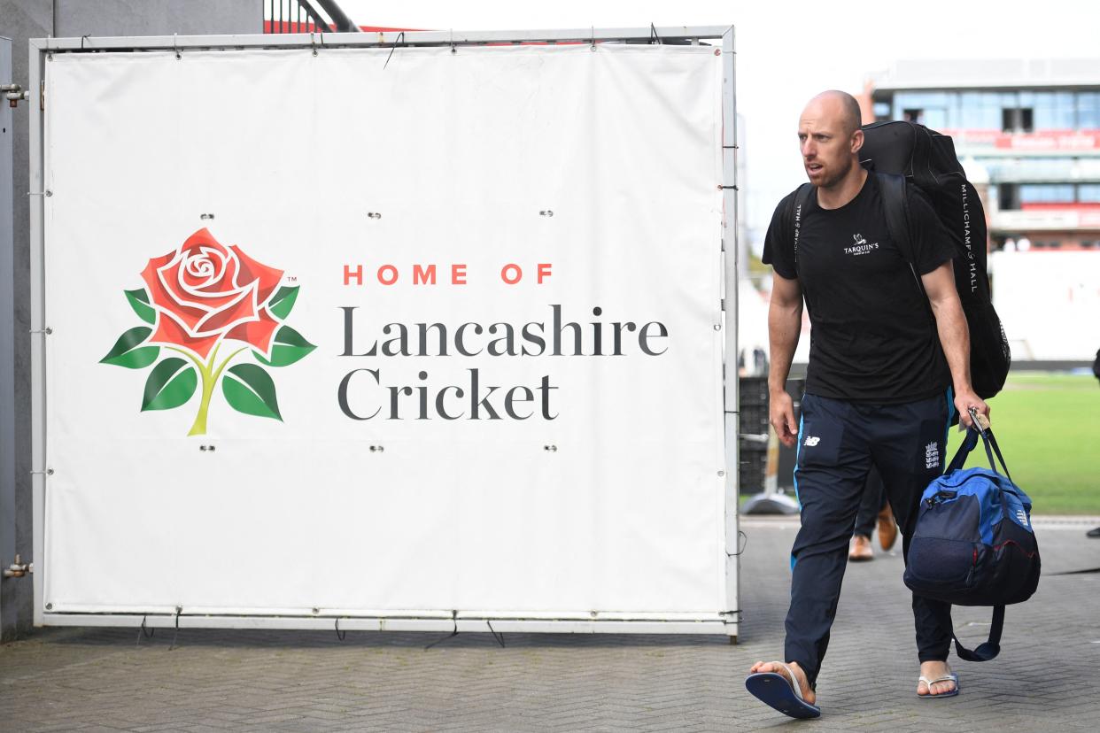 England's Jack Leach leaves Old Trafford cricket ground after the fifth cricket Test match between England and India was cancelled due to Covid-19 concerns/