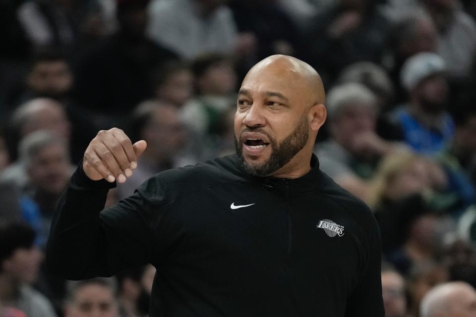 Los Angeles Lakers head coach Darvin Ham reacts during the first half of an NBA basketball game Friday, Dec. 2, 2022, in Milwaukee. (AP Photo/Morry Gash)