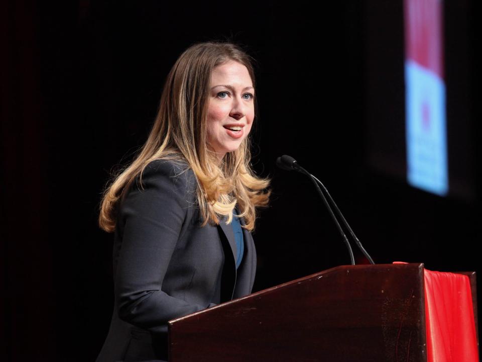 Chelsea Clinton speaks at a podium