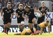 New Zealand's Caleb Clarke makes a run during the second Bledisloe Rugby test between the All Blacks and the Wallabies at Eden Park in Auckland, New Zealand, Sunday, Oct. 18, 2020. (AP Photo/Mark Baker)