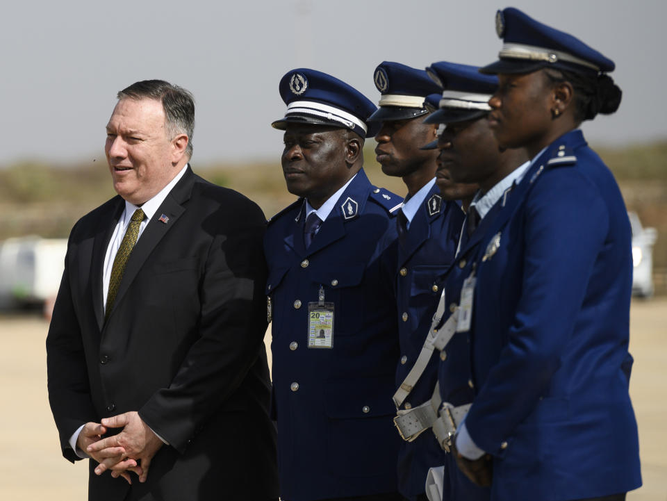 US Secretary of State Mike Pompeo departs from the International airport in Dakar, Senegal, Sunday, Feb. 16, 2020, as part of Pompeo's first visit to sub-Saharan Africa during which he will seek to lay out a positive vision for US cooperation with the continent where China has been increasingly active. (Andrew Carballero-Reynolds/Pool Photo via AP)