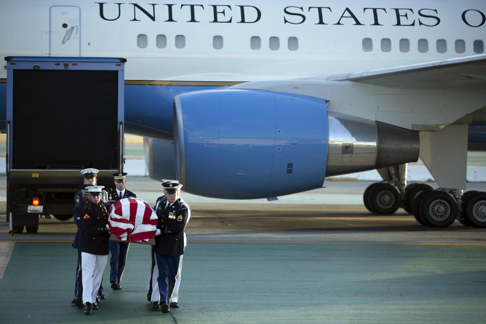 Members of an armed forces color guard carry the casket containing the body of U.S. Sen. Dianne Feinstein, D-Calif., at San Francisco International Airport, Saturday, Sept. 30, 2023, in San Francisco. (AP Photo/D. Ross Cameron)