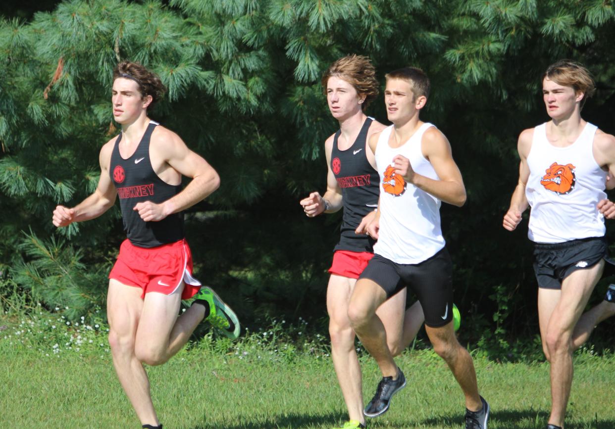 Key runners on state runner-up cross country teams were (from left) Evan Loughridge and Ethan Sandula of Pinckney and Tyler Langley and Luke Campbell of Brighton.